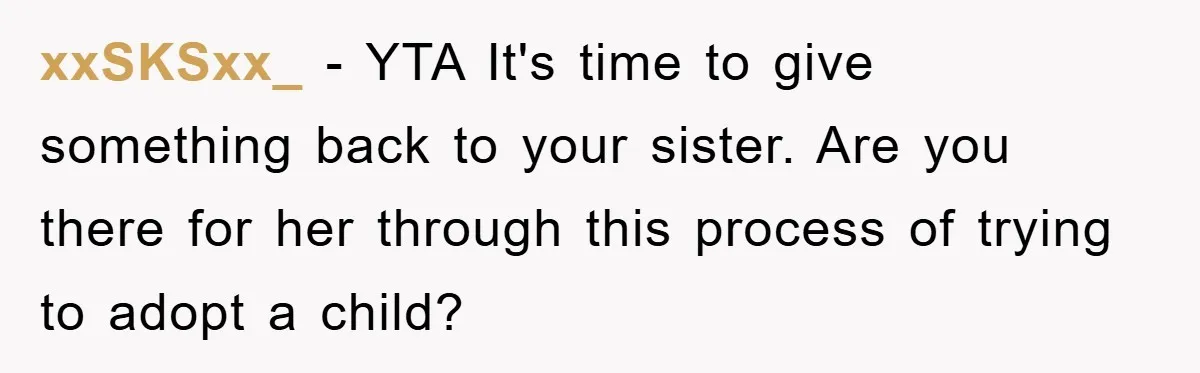 xxSKSxx_ - YTA It's time to give something back to your sister. Are you there for her through this process of trying to adopt a child?