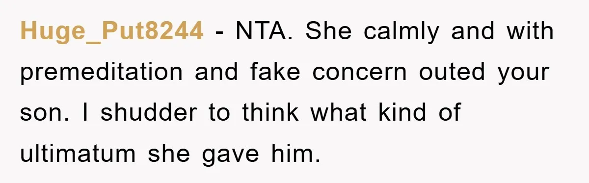 Huge_Put8244 - NTA. She calmly and with premeditation and fake concern outed your son. I shudder to think what kind of ultimatum she gave him.