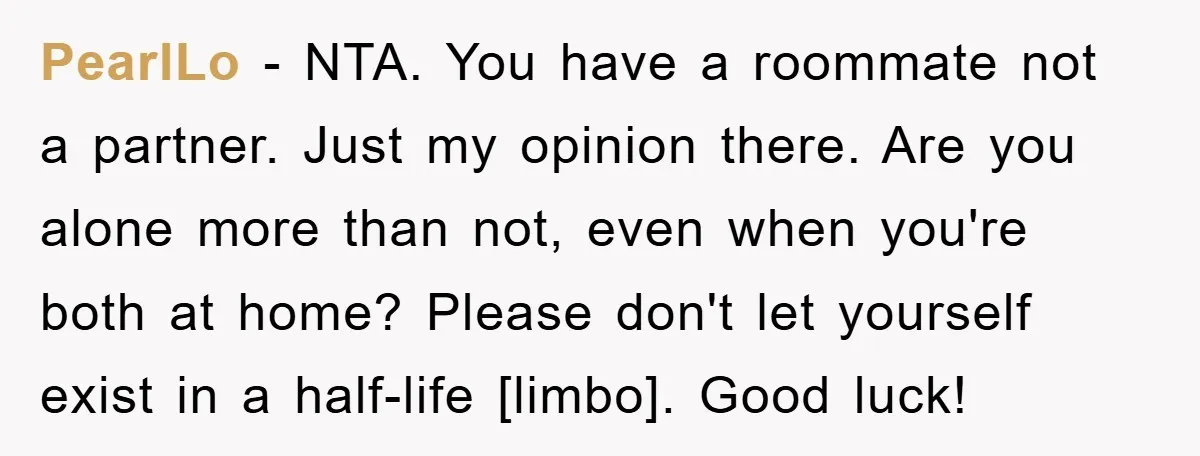 PearlLo - NTA. You have a roommate not a partner. Just my opinion there. Are you alone more than not, even when you're both at home? Please don't let yourself...