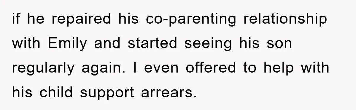 if he repaired his co-parenting relationship with Emily and started seeing his son regularly again. I even offered to help with his child support arrears.