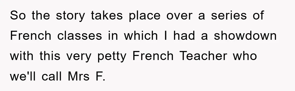 So the story takes place over a series of French classes in which I had a showdown with this very petty French Teacher who we'll call Mrs F.