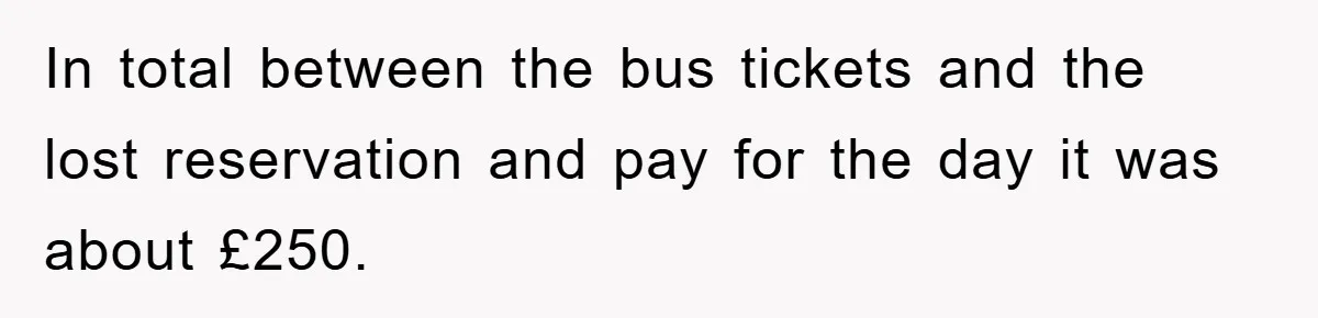 In total between the bus tickets and the lost reservation and pay for the day it was about £250.
