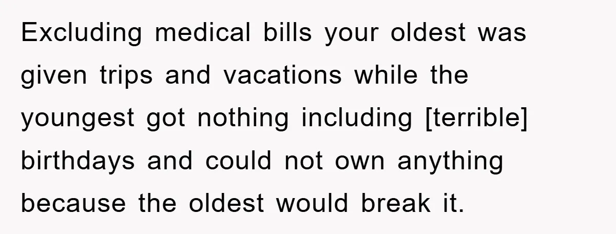 Excluding medical bills your oldest was given trips and vacations while the youngest got nothing including [terrible] birthdays and could not own anything because the oldest would break it.