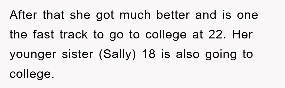 After that she got much better and is one the fast track to go to college at 22. Her younger sister (Sally) 18 is also going to college.