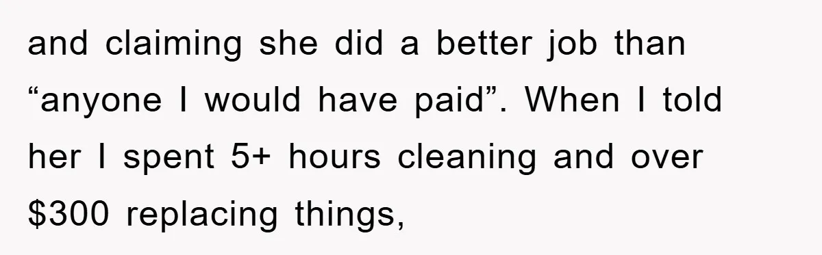 and claiming she did a better job than “anyone I would have paid”. When I told her I spent 5+ hours cleaning and over $300 replacing things,