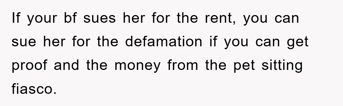 If your bf sues her for the rent, you can sue her for the defamation if you can get proof and the money from the pet sitting fiasco.