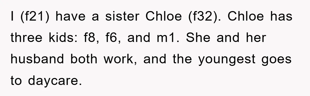 I (f21) have a sister Chloe (f32). Chloe has three kids: f8, f6, and m1. She and her husband both work, and the youngest goes to daycare.