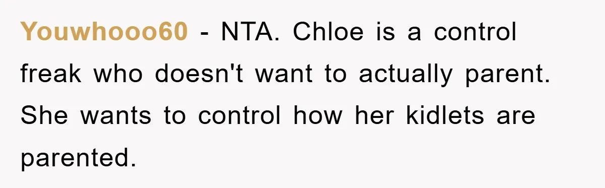 Youwhooo60 − NTA. Chloe is a control freak who doesn't want to actually parent. She wants to control how her kidlets are parented.