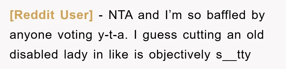 [Reddit User] − NTA and I’m so baffled by anyone voting y-t-a. I guess cutting an old disabled lady in like is objectively s__tty