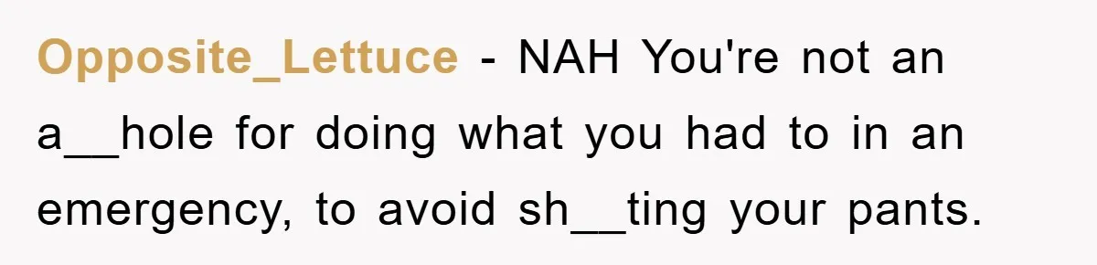 Woman Cuts Line And Steals Handicap Spot From Elder For Alarming Reason Behind Opposite_Lettuce − NAH You're not an a__hole for doing what you had to in an emergency, to avoid sh__ting your pants.