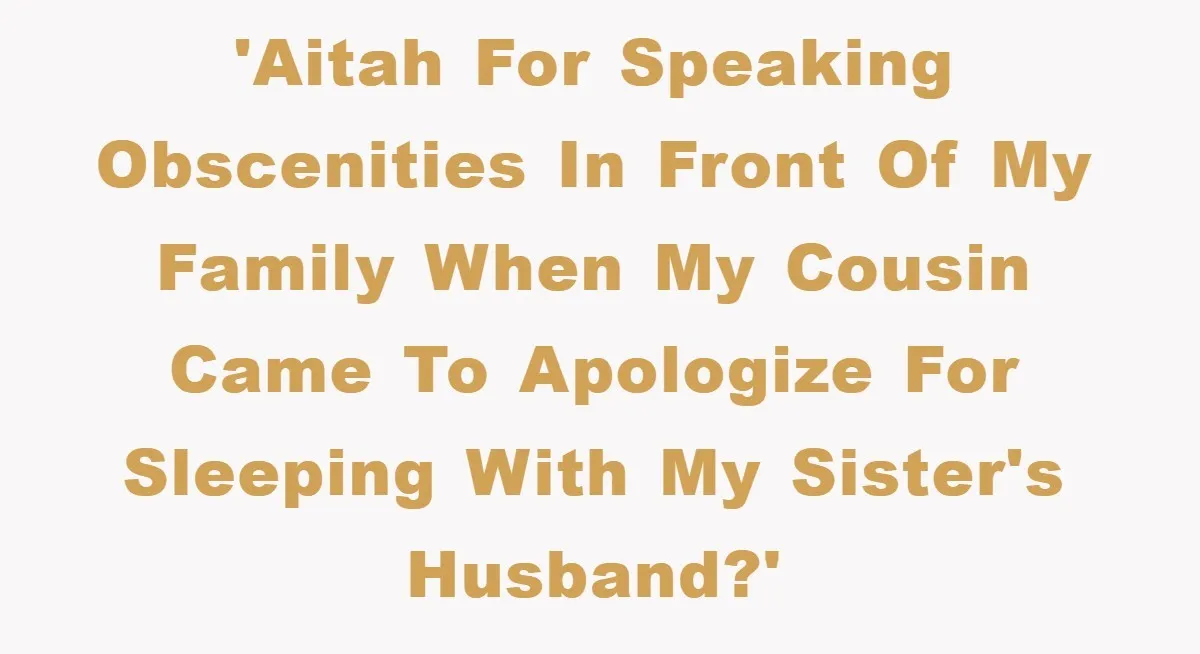 Awkward Family Apology For Affair Ends With One Sister Saying What Everyone Was Thinking 'Aitah for speaking obscenities in front of my family when my cousin came to apologize for sleeping with my sister's husband?'