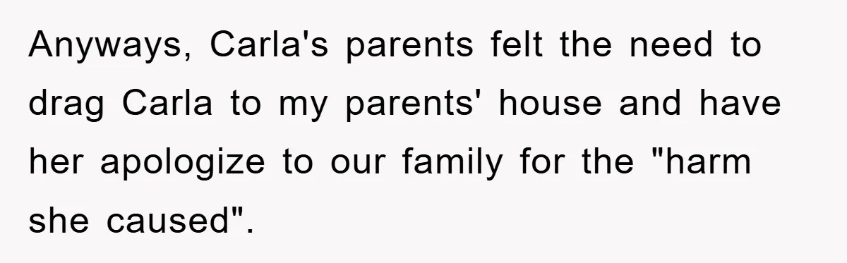 Awkward Family Apology For Affair Ends With One Sister Saying What Everyone Was Thinking Anyways, Carla's parents felt the need to drag Carla to my parents' house and have her apologize to our family for the "harm she caused".