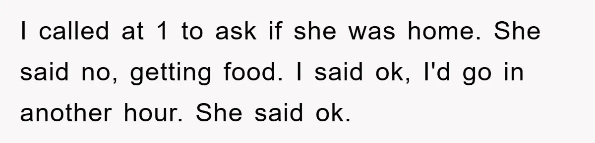 I called at 1 to ask if she was home. She said no, getting food. I said ok, I'd go in another hour. She said ok.