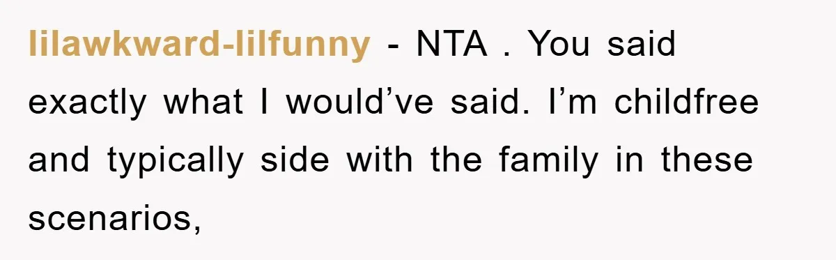 lilawkward-lilfunny − NTA . You said exactly what I would’ve said. I’m childfree and typically side with the family in these scenarios,