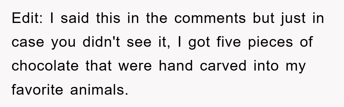 Teen Keeps Hand-Carved Birthday Chocolates As Parents Demand Pieces And Call Refusal Selfish Behavior Edit: I said this in the comments but just in case you didn't see it, I got five pieces of chocolate that were hand carved into my favorite animals.
