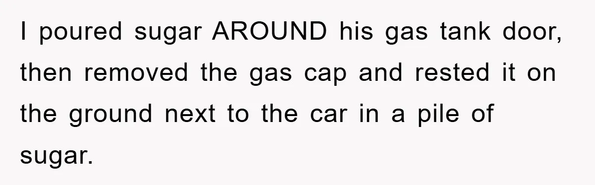 Her Boyfriend Cheats With 5 Girls, She Takes An Amphibious Revenge, Exposing His Man-Child Behavior I poured sugar AROUND his gas tank door, then removed the gas cap and rested it on the ground next to the car in a pile of sugar.