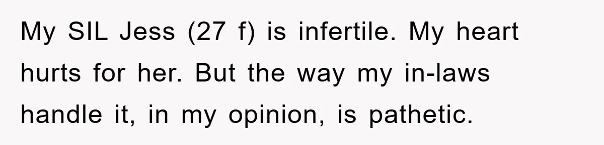 My SIL Jess (27 f) is infertile. My heart hurts for her. But the way my in-laws handle it, in my opinion, is pathetic.
