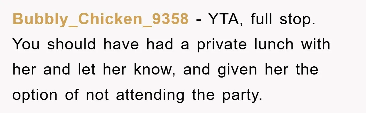 Bubbly_Chicken_9358 − YTA, full stop. You should have had a private lunch with her and let her know, and given her the option of not attending the party.