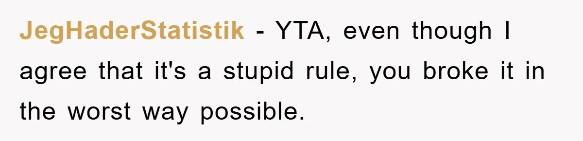 JegHaderStatistik − YTA, even though I agree that it's a stupid rule, you broke it in the worst way possible.