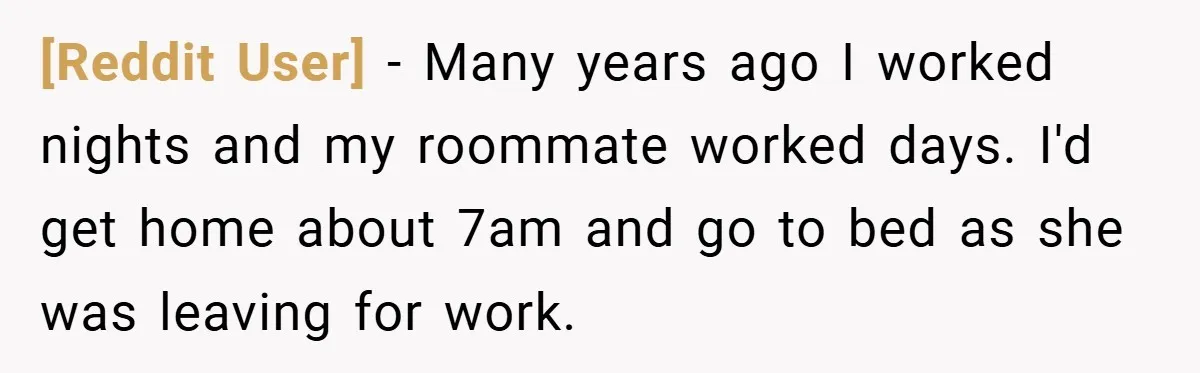 [Reddit User] − Many years ago I worked nights and my roommate worked days. I'd get home about 7am and go to bed as she was leaving for work.