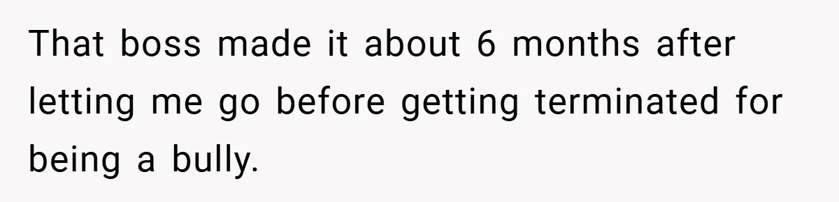 That boss made it about 6 months after letting me go before getting terminated for being a bully.