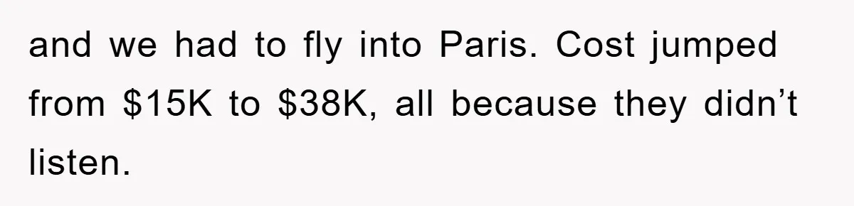 and we had to fly into Paris. Cost jumped from $15K to $38K, all because they didn’t listen.