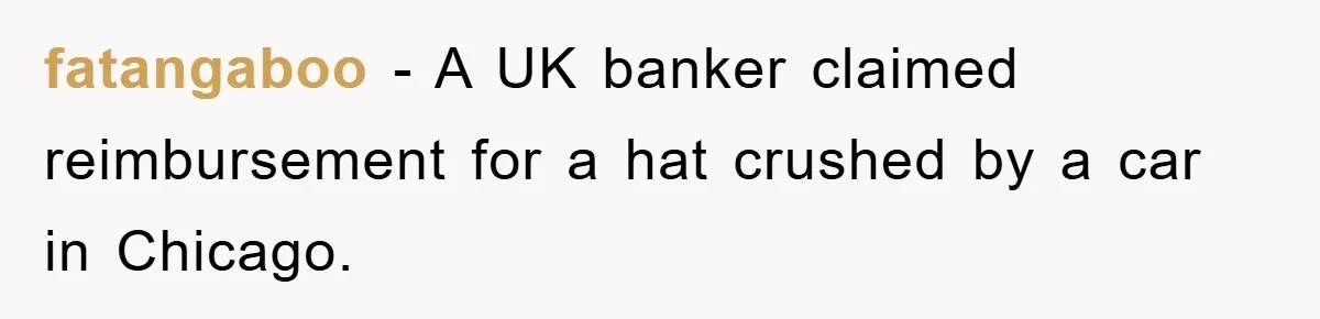 fatangaboo − A UK banker claimed reimbursement for a hat crushed by a car in Chicago.