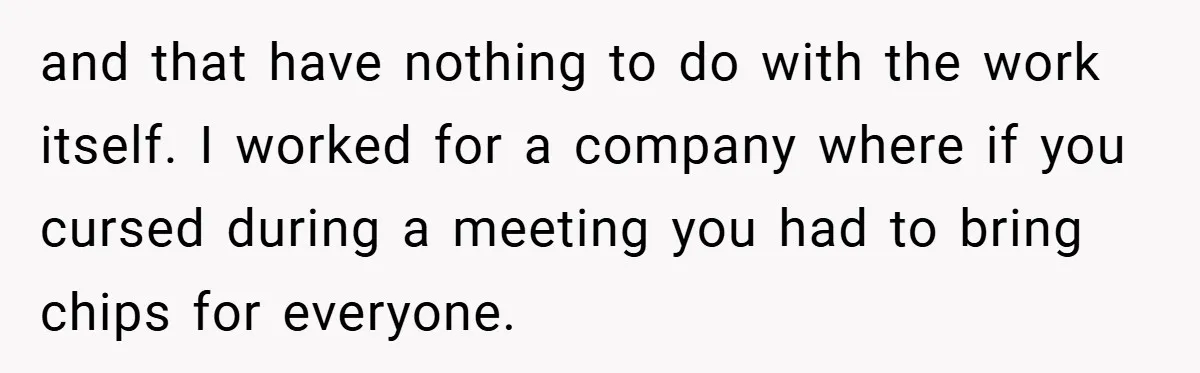 and that have nothing to do with the work itself. I worked for a company where if you cursed during a meeting you had to bring chips for everyone.