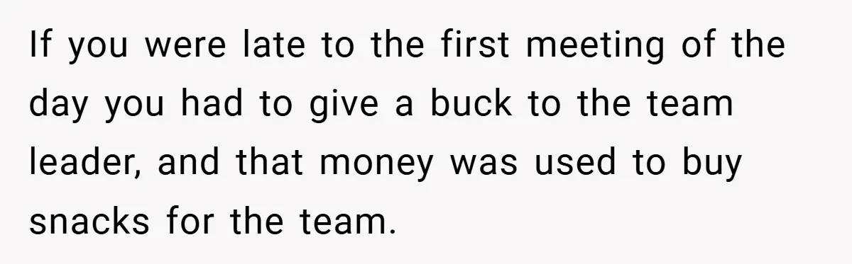 If you were late to the first meeting of the day you had to give a buck to the team leader, and that money was used to buy snacks for...