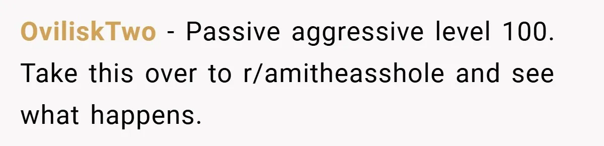 OviliskTwo − Passive aggressive level 100. Take this over to r/amitheasshole and see what happens.