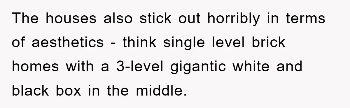 The houses also stick out horribly in terms of aesthetics - think single level brick homes with a 3-level gigantic white and black box in the middle.
