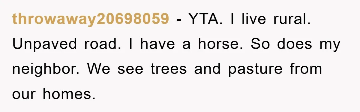 throwaway20698059 − YTA. I live rural. Unpaved road. I have a horse. So does my neighbor. We see trees and pasture from our homes.