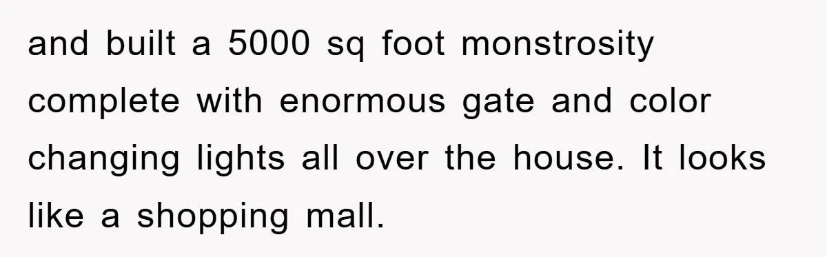 and built a 5000 sq foot monstrosity complete with enormous gate and color changing lights all over the house. It looks like a shopping mall.
