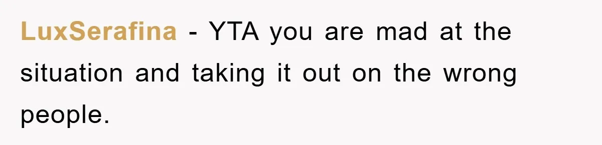 LuxSerafina − YTA you are mad at the situation and taking it out on the wrong people.