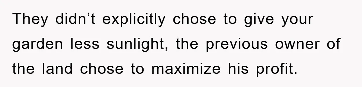 They didn’t explicitly chose to give your garden less sunlight, the previous owner of the land chose to maximize his profit.