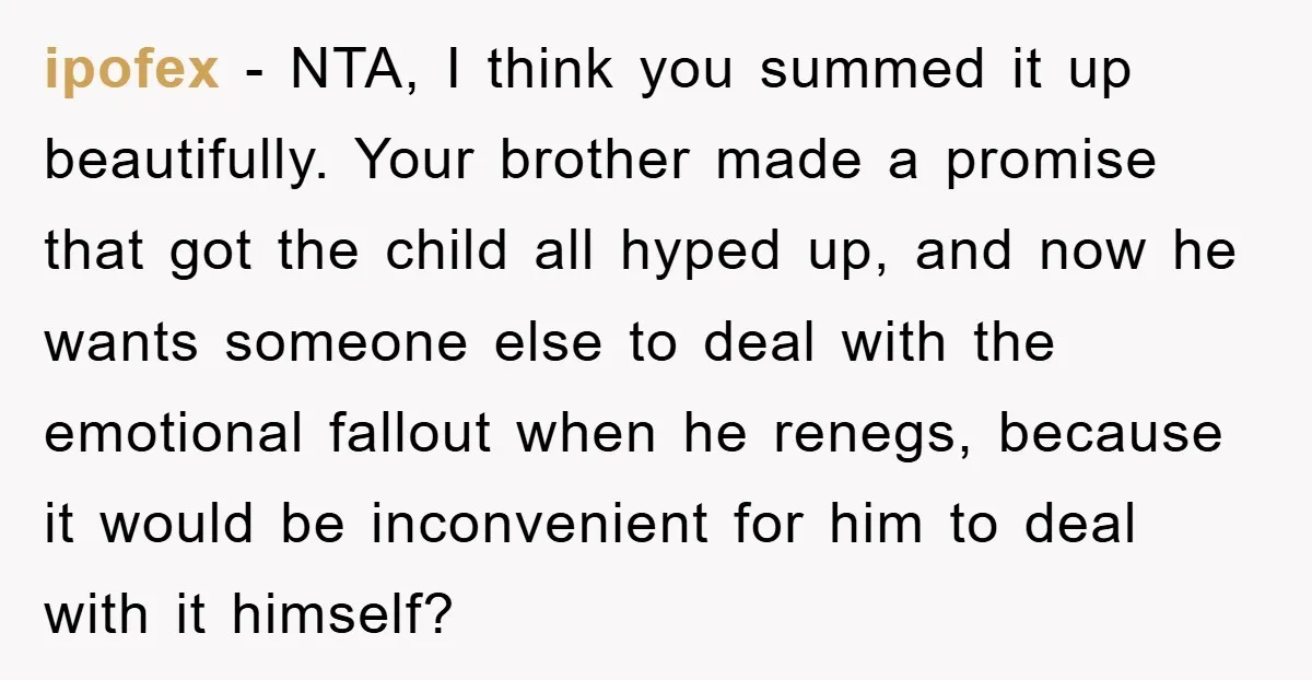 ipofex − NTA, I think you summed it up beautifully. Your brother made a promise that got the child all hyped up, and now he wants someone else to deal...