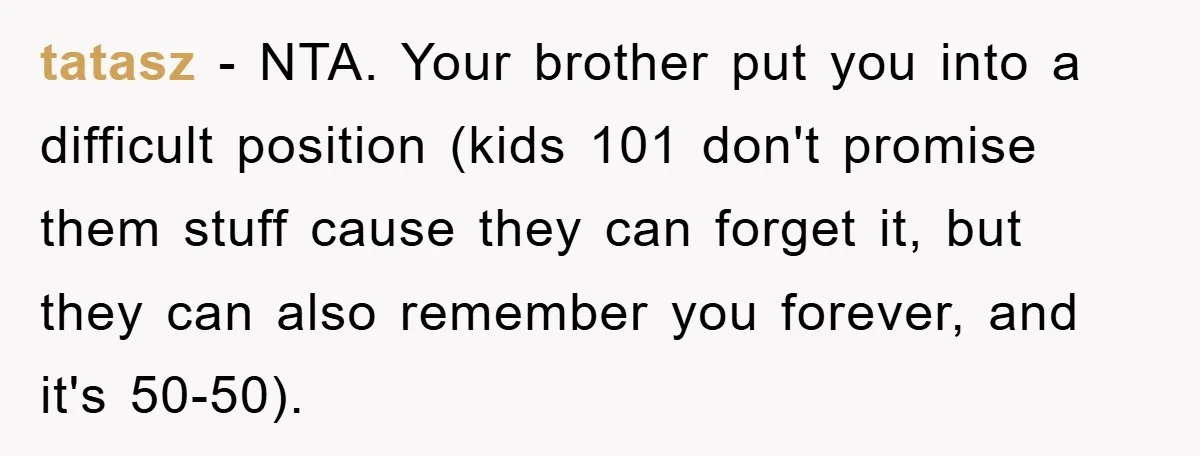 tatasz − NTA. Your brother put you into a difficult position (kids 101 don't promise them stuff cause they can forget it, but they can also remember you forever, and...