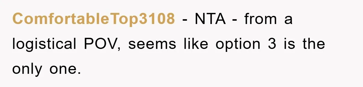 ComfortableTop3108 − NTA - from a logistical POV, seems like option 3 is the only one.