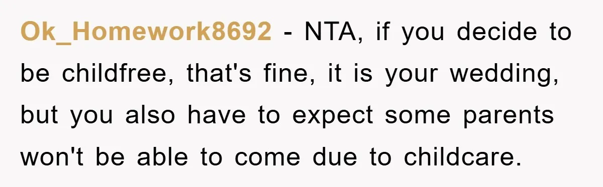 Ok_Homework8692 − NTA, if you decide to be childfree, that's fine, it is your wedding, but you also have to expect some parents won't be able to come due to...