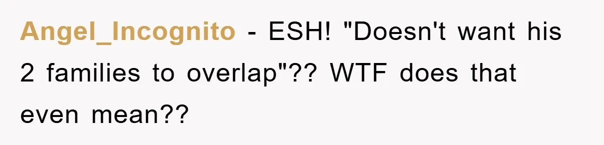 Angel_Incognito − ESH! "Doesn't want his 2 families to overlap"?? WTF does that even mean??