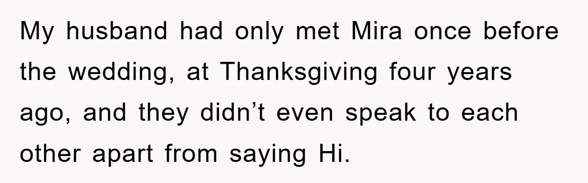 My husband had only met Mira once before the wedding, at Thanksgiving four years ago, and they didn’t even speak to each other apart from saying Hi.