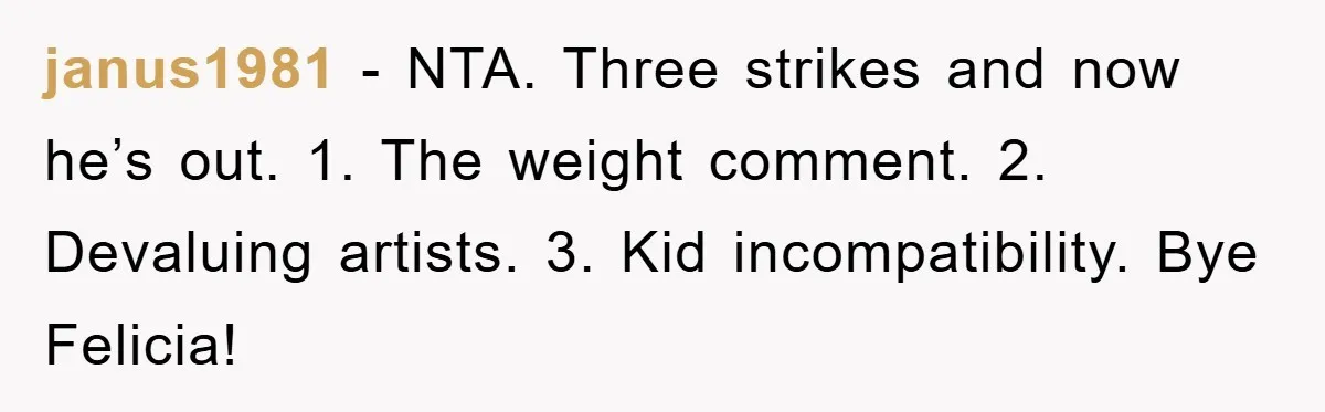 janus1981 − NTA. Three strikes and now he’s out. 1. The weight comment. 2. Devaluing artists. 3. Kid incompatibility. Bye Felicia!