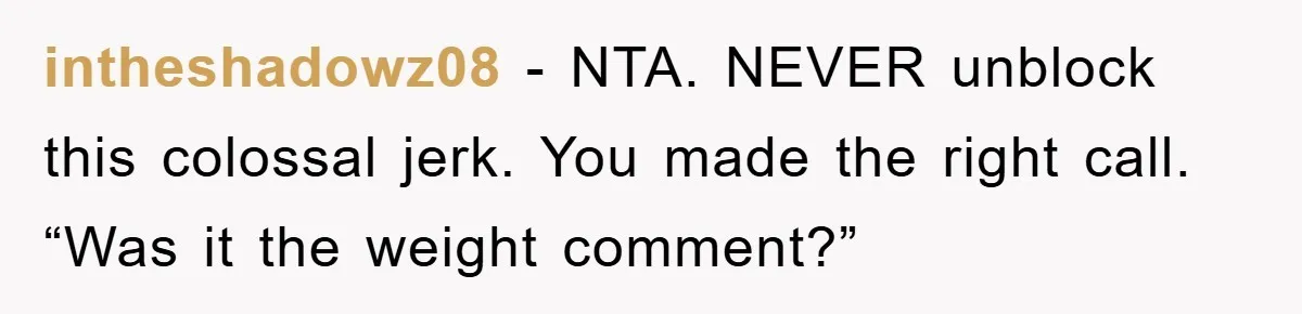 intheshadowz08 − NTA. NEVER unblock this colossal jerk. You made the right call. “Was it the weight comment?”