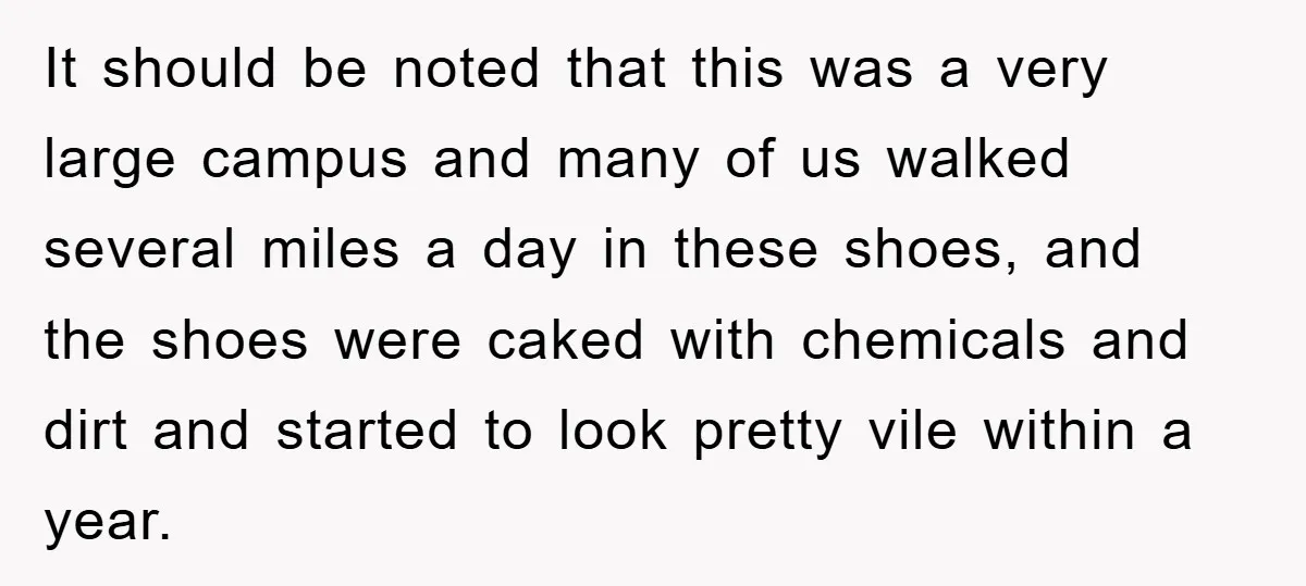 It should be noted that this was a very large campus and many of us walked several miles a day in these shoes, and the shoes were caked with chemicals...