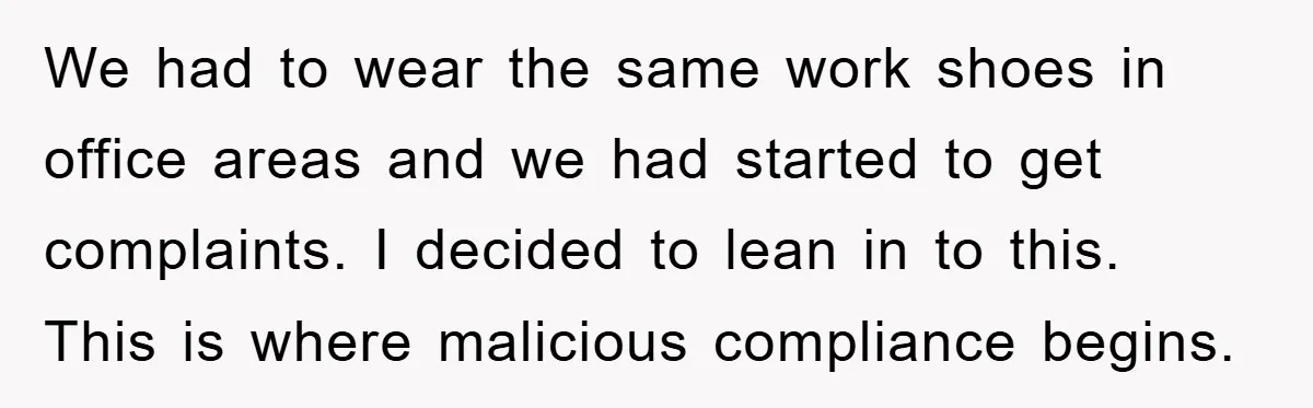 We had to wear the same work shoes in office areas and we had started to get complaints. I decided to lean in to this. This is where malicious compliance...