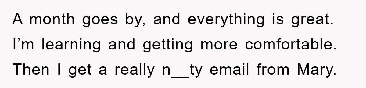A month goes by, and everything is great. I’m learning and getting more comfortable. Then I get a really n__ty email from Mary.