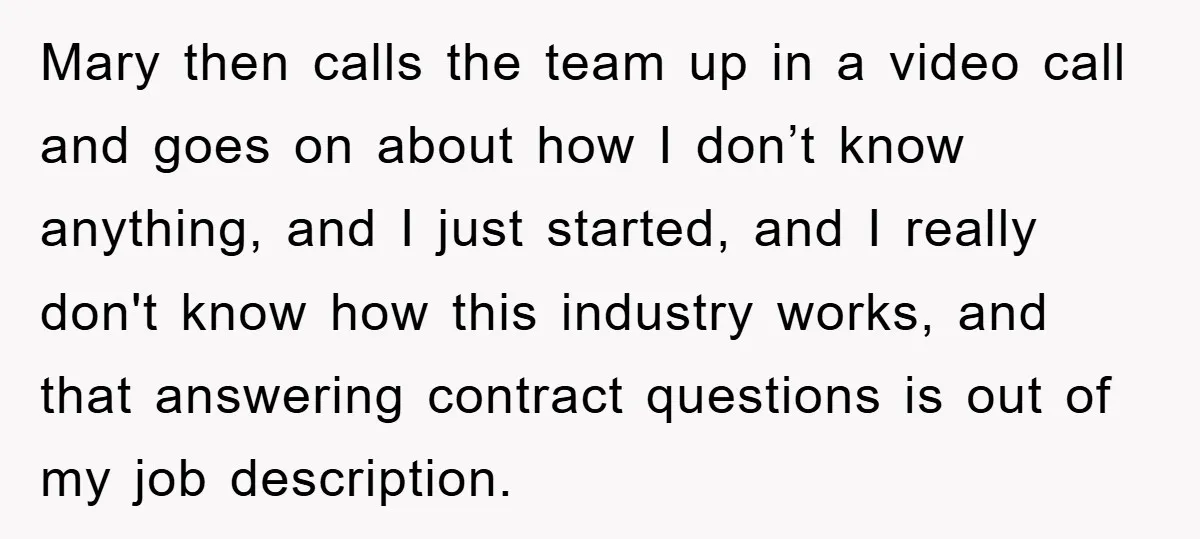 Mary then calls the team up in a video call and goes on about how I don’t know anything, and I just started, and I really don't know how this...