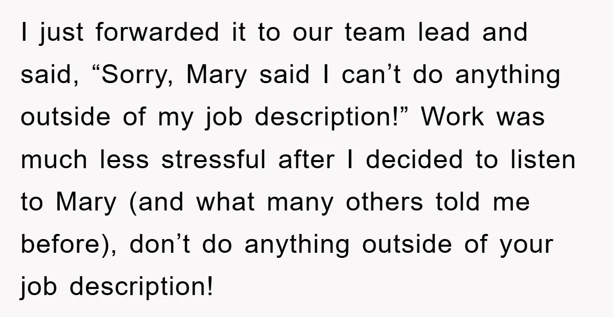 I just forwarded it to our team lead and said, “Sorry, Mary said I can’t do anything outside of my job description!” Work was much less stressful after I decided...