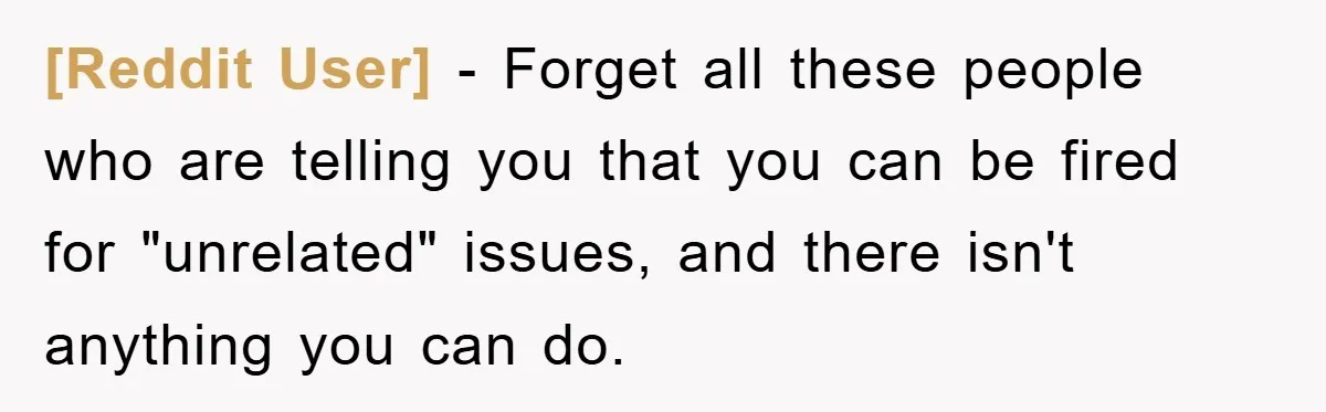 [Reddit User] − Forget all these people who are telling you that you can be fired for "unrelated" issues, and there isn't anything you can do.