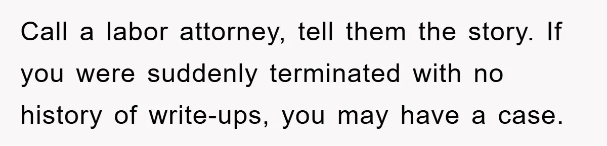 Call a labor attorney, tell them the story. If you were suddenly terminated with no history of write-ups, you may have a case.